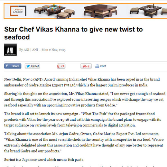 Star Chef Vikas Khanna to give new twist to seafood (Nov 2, 2015) View Online