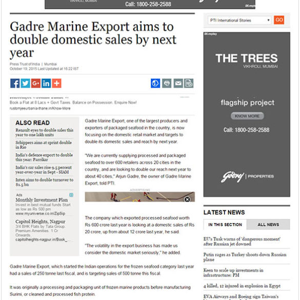 Gadre Marine Export aims to double domestic sales by next year (Oct 19, 2015) View Online