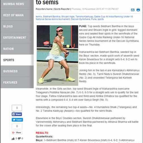 Top seeds Siddhant, Shivani through to semis (Nov 19, 2015) View Online