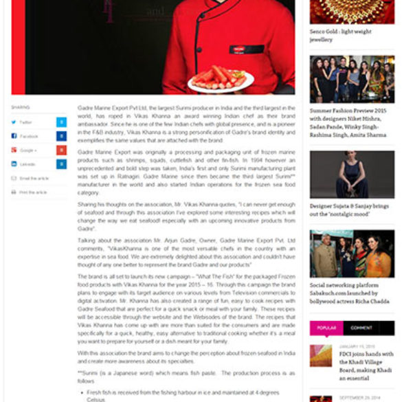 Gadre Premium Seafood signs Star Chef Vikas Khanna and expands its footprint (Oct 22, 2015) View Online