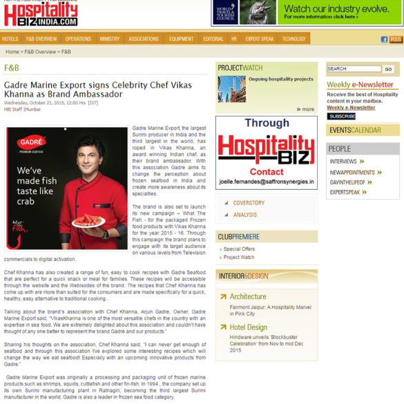 Gadre Marine Export signs Celebrity Chef Vikas Khanna as Brand Ambassador (Oct 21, 2015) View Online